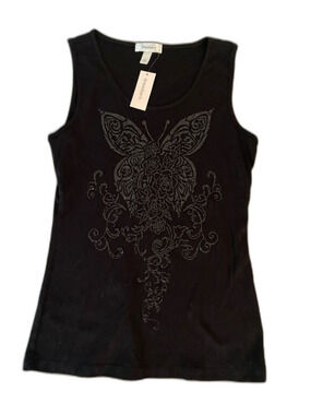 Dressbarn cotton Black Sleeveless Tank with Embellished Butterfly Motif Sz L